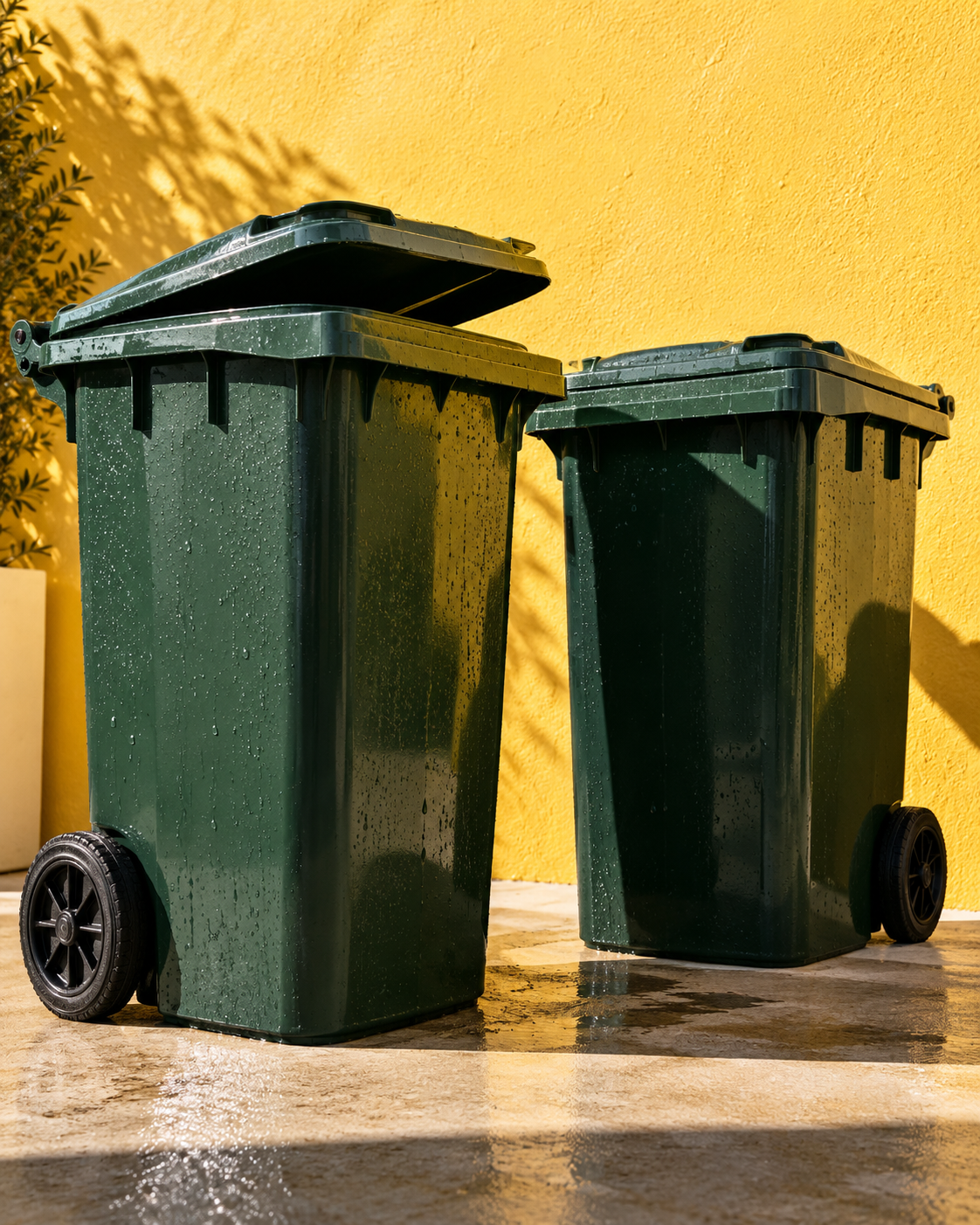 Two freshly washed green wheelie bins in the sunshine against a yellow wall
